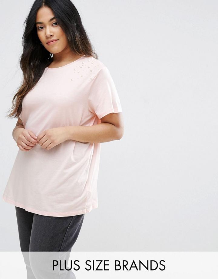 New Look Plus Pearl Detail T-shirt - Pink