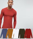 Asos 5 Pack Longline Muscle Fit Long Sleeve Crew Neck T-shirt Save - Multi