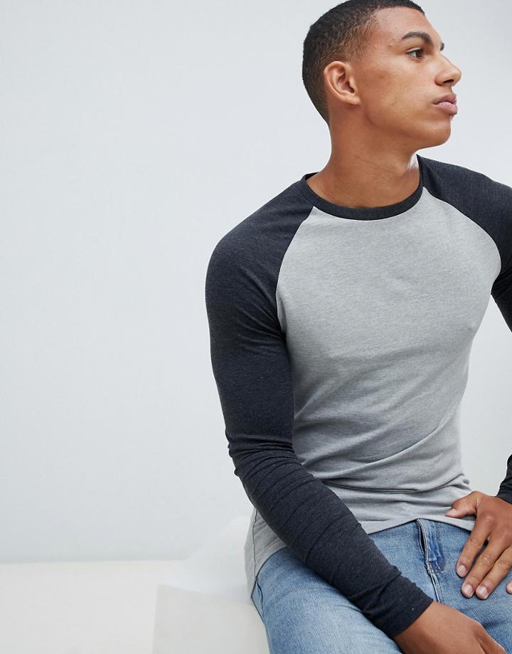 Asos Design Muscle Fit Long Sleeve Crew Neck T-shirt With Stretch With Contrast Raglan Sleeves - Multi
