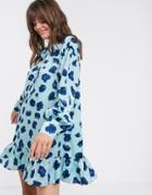 Glamorous Mini Smock Dress With Neck Tie And Peplum Hem In Poppy Print-blue