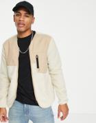 Only & Sons Zip Through Borg Jacket With Chest Pocket In Beige-neutral