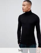 Gianni Feraud Tall Premium Muscle Fit Stretch Roll Neck Fine Gauge Sweater - Black