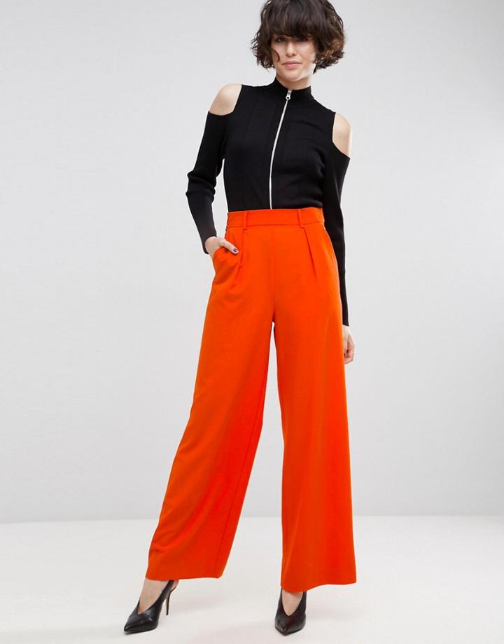 Asos Wide Leg Pants With Pleat Detail - Orange