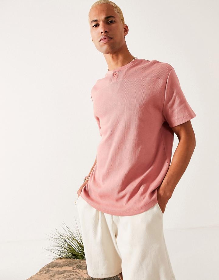 Asos Design Relaxed Fit Short Sleeve Waffle T-shirt With Grandad Collar In Pink