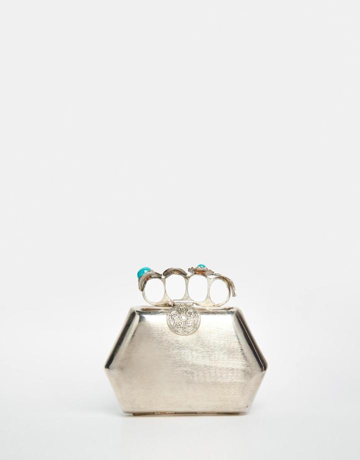 From St Xavier Exclusive Silver Clutch Bag With Turquoise Ring Detail - Silver