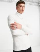 Asos Design Knitted Muscle Fit Rib Roll Neck Sweater In White