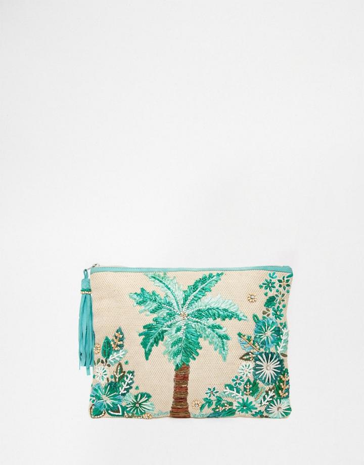 Star Mela Palm Tree Embroidered Clutch - Natural