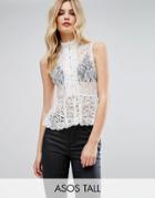 Asos Tall Top In Lace With Button Font And Peplum Hem - White
