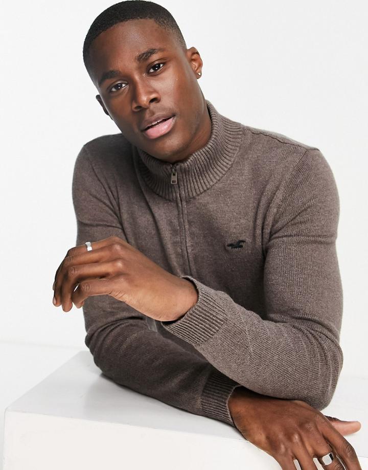 Hollister Quarter Zip Knit Sweater In Brown Gray