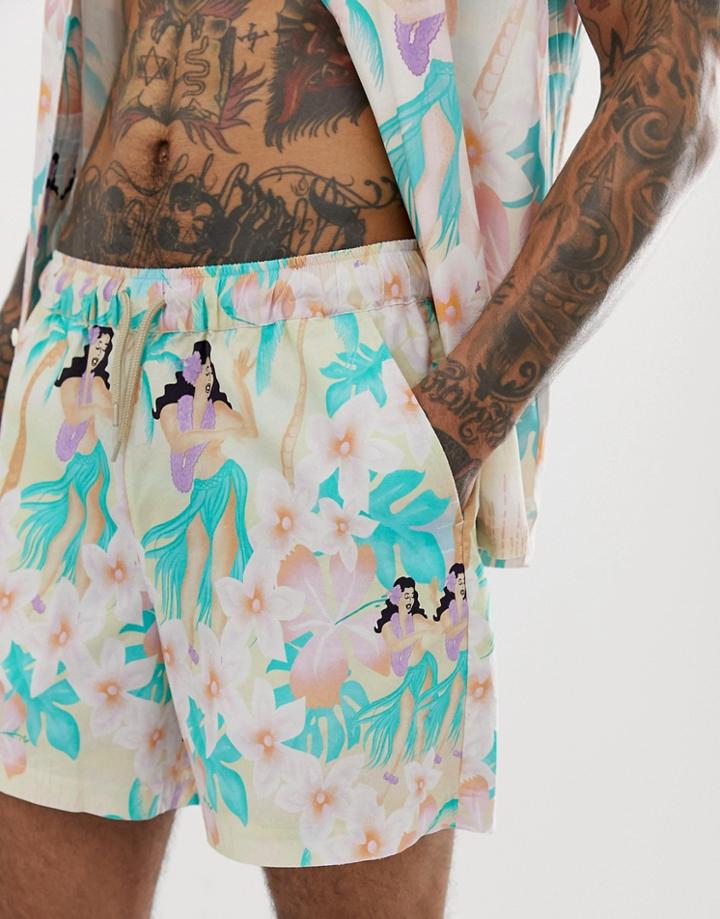 Asos Design Two-piece Slim Shorter Shorts In Hawaiian Print-pink