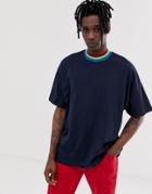 Asos Design Oversized Longline T-shirt With Rainbow Turtleneck In Navy - Navy