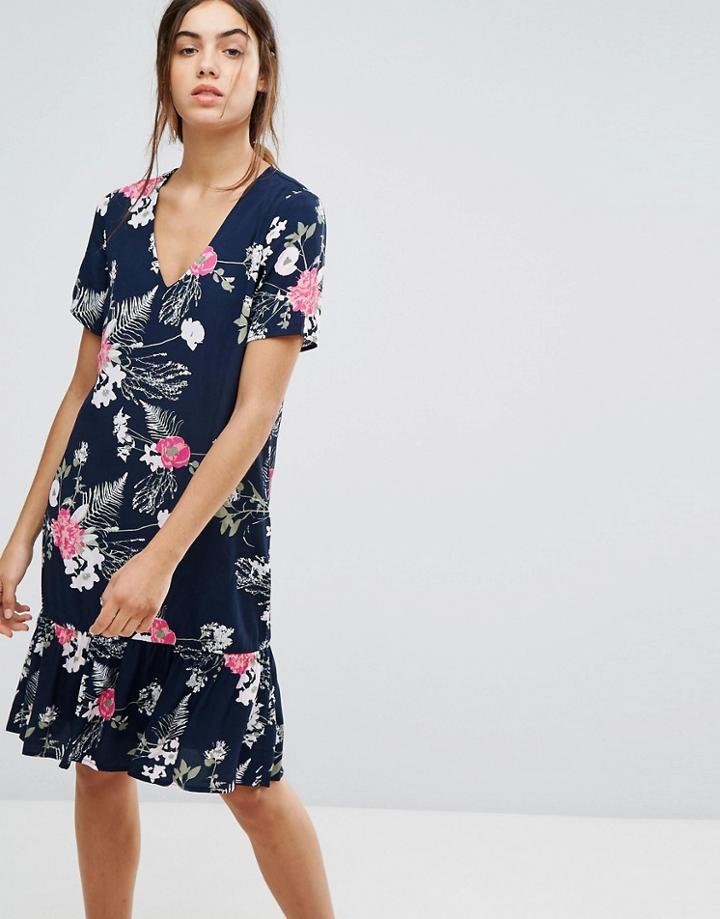 Pieces Enna Ditsy Floral Print Drop Waist Dress - Navy