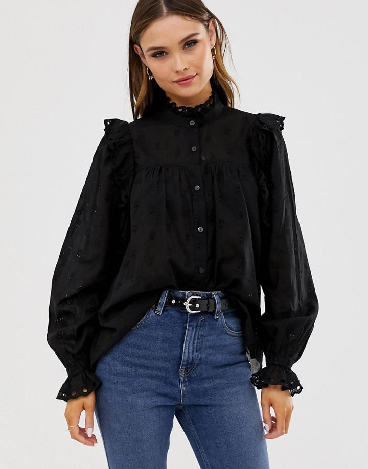 Asos Design Ruffle Long Sleeve Blouse In Broderie - Black