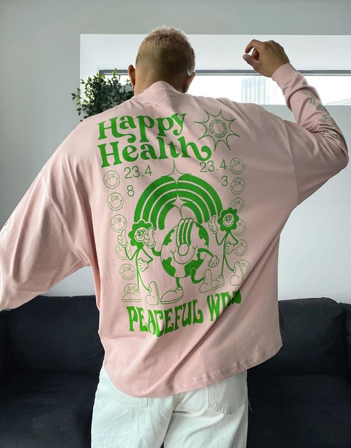 Asos Design Oversized Long Sleeve T-shirt In Pink With Skate Back And Sleeve Print