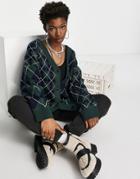 Weekday Borrowed Recycled Argyle Cardigan In Green-navy