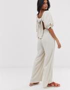 Lost Ink Wide Leg Jumpsuit With Puff Sleeves Linen - Cream