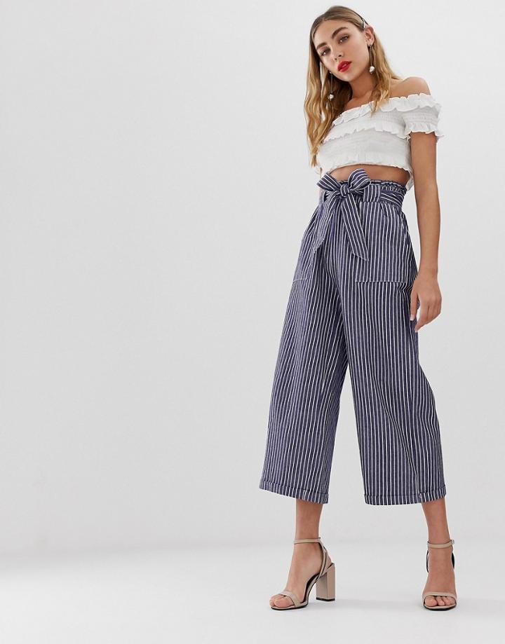 Only Chambray Stripe Tie Waist Pants - White
