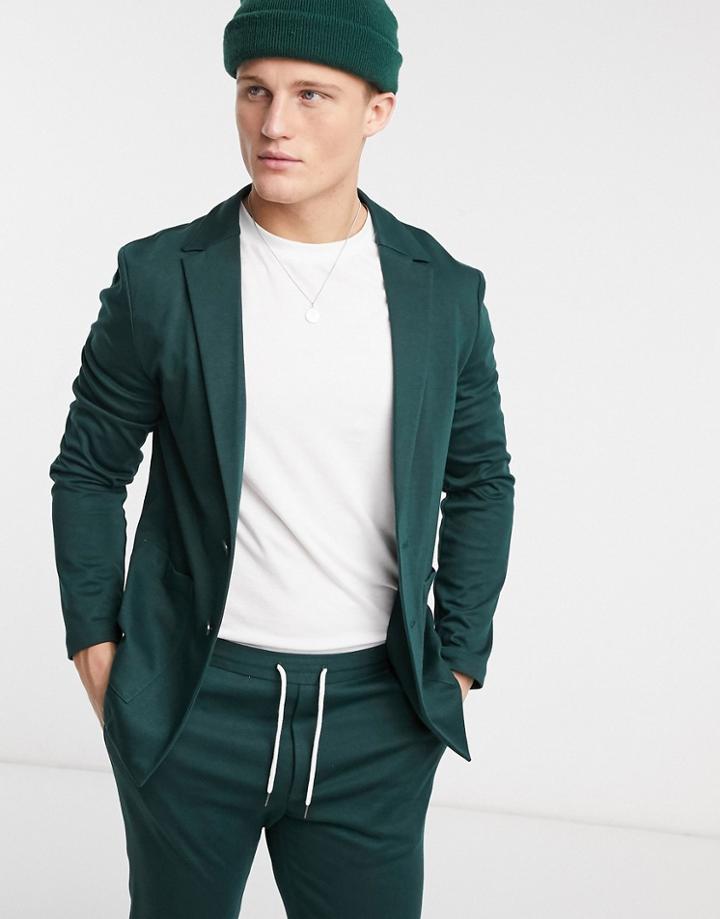 Asos Design Super Skinny Soft Tailored Suit Jacket In Jersey In Bottle Green