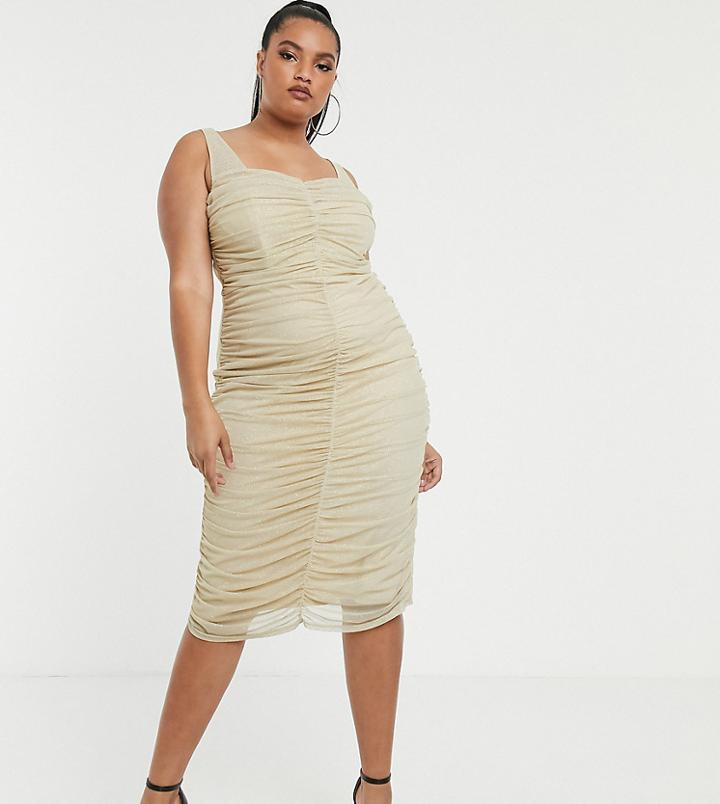 Tfnc Plus Shimmer Mesh Ruched Midi Dress In Light Gold