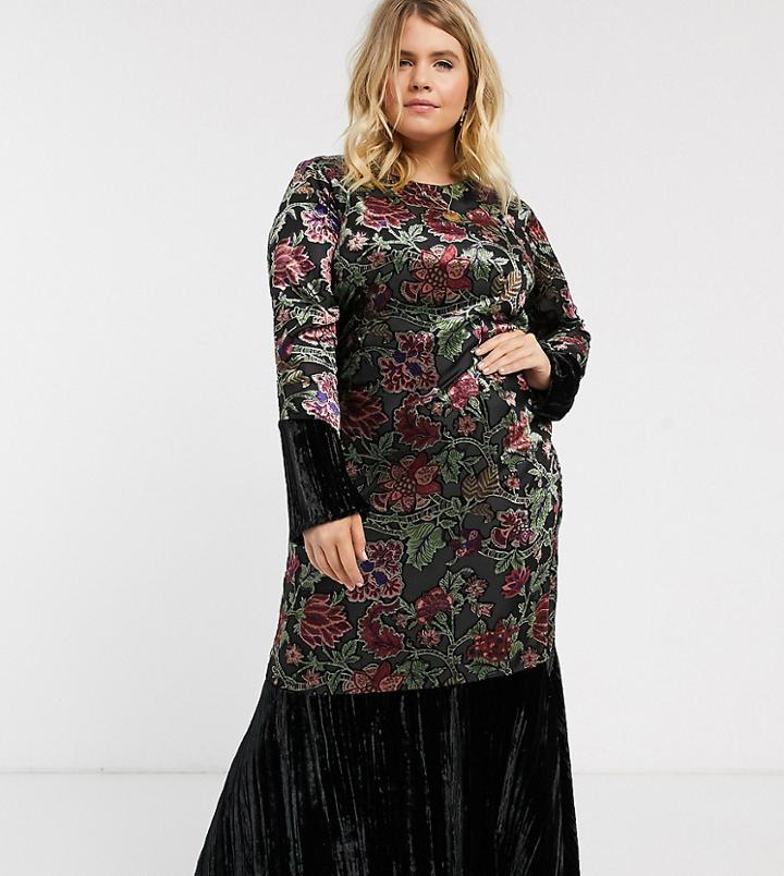 Verona Curve High Neck Maxi Dress With Fluted Sleeve In Velvet Burnout-multi