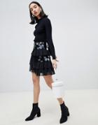 Lost Ink Mini Skirt With Ruffle Layers And Oversized Sequins - Black