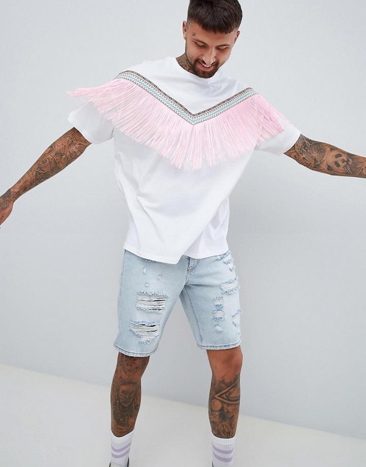 Asos Design Festival Oversized Longline T-shirt With Chevron Geo-tribal Taping And Fringing In White - White