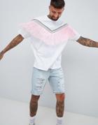 Asos Design Festival Oversized Longline T-shirt With Chevron Geo-tribal Taping And Fringing In White - White