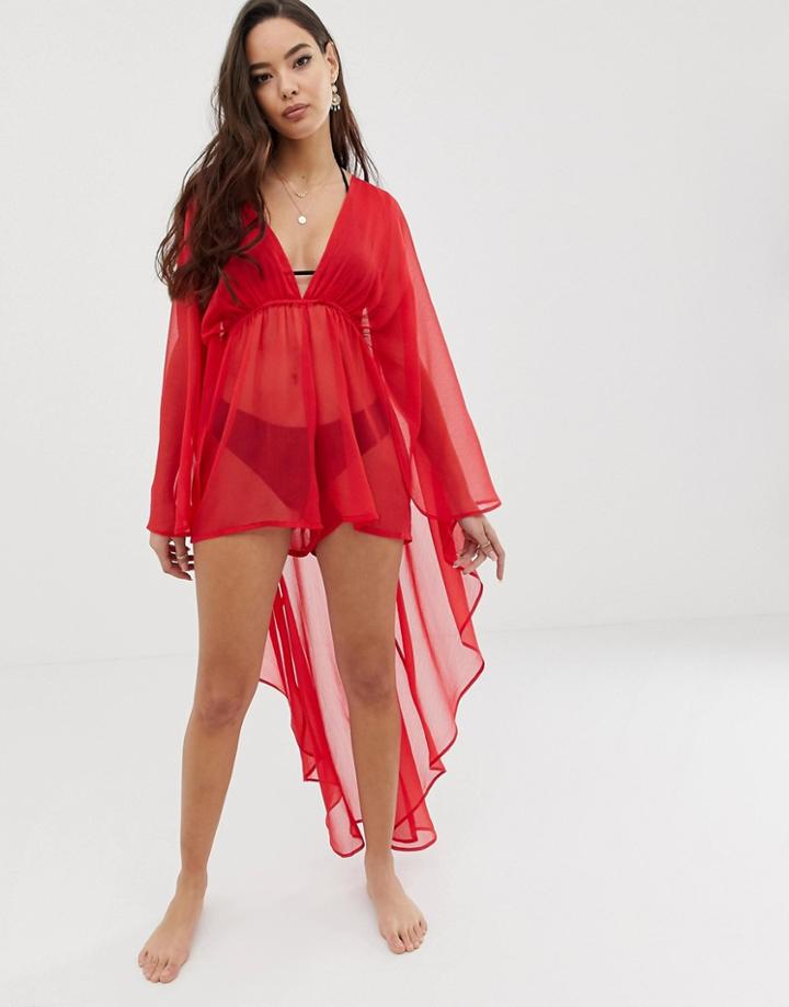 Asos Design Glam Cape Back Beach Romper In Red Chiffon