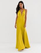 Asos Design Maxi Dress With Halter Neck And Drape Skirt Detail In Satin-green