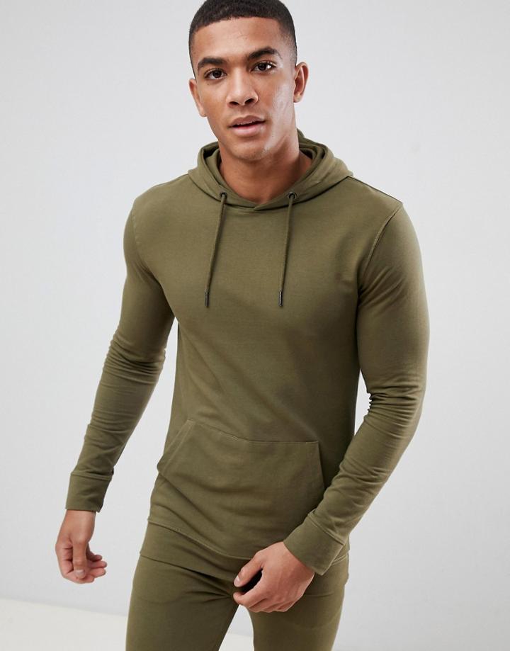 New Look Muscle Fit Hoodie In Khaki - Green