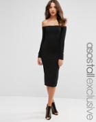 Asos Tall Bardot Bodycon Midi Dress With Long Sleeves - Black