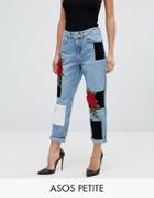 Asos Petite Original Mom High Waist Slim Mom Jeans With 3d Embroidery And Velvet Detail In Lucinda Light Wash Blue - Blue