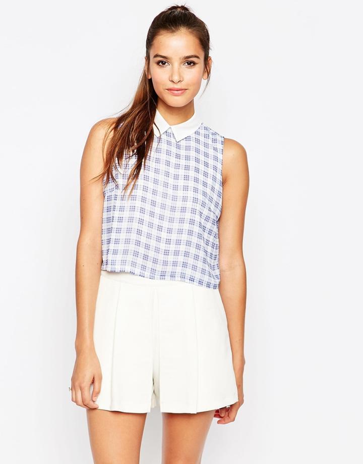 Daisy Street Crop Top With Collar - Blue
