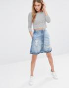 Only Distressed A-line Mini Skirt With Released Hem - Medium Blue Denim