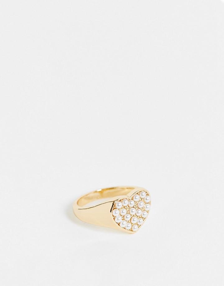 Asos Design Signet Ring With Mini Faux Pearl Heart Design In Gold Tone