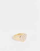 Asos Design Signet Ring With Mini Faux Pearl Heart Design In Gold Tone
