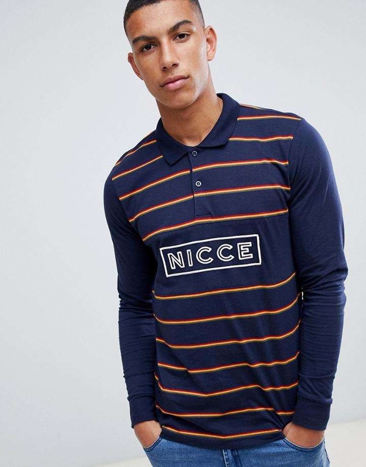 Nicce Polo Shirt In Navy With Long Sleeves And Chest Logo - Navy