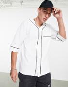 Asos Design Relaxed Waffle Baseball Shirt In Cream With Contrast Black Piping-white