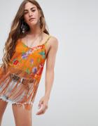 Asos Design Tie Back Cami In Print With Fringe Detail - Multi