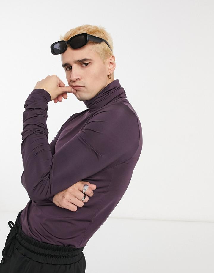Asos Design Long Sleeve T-shirt In Purple Viscose With Roll Neck
