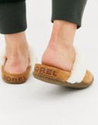 Sorel Nakiska Slide Tan Suede Slipper With Faux Fur Lining - Tan