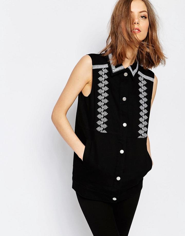 Neon Rose Sleeveless Jacket With Embroidery - Black
