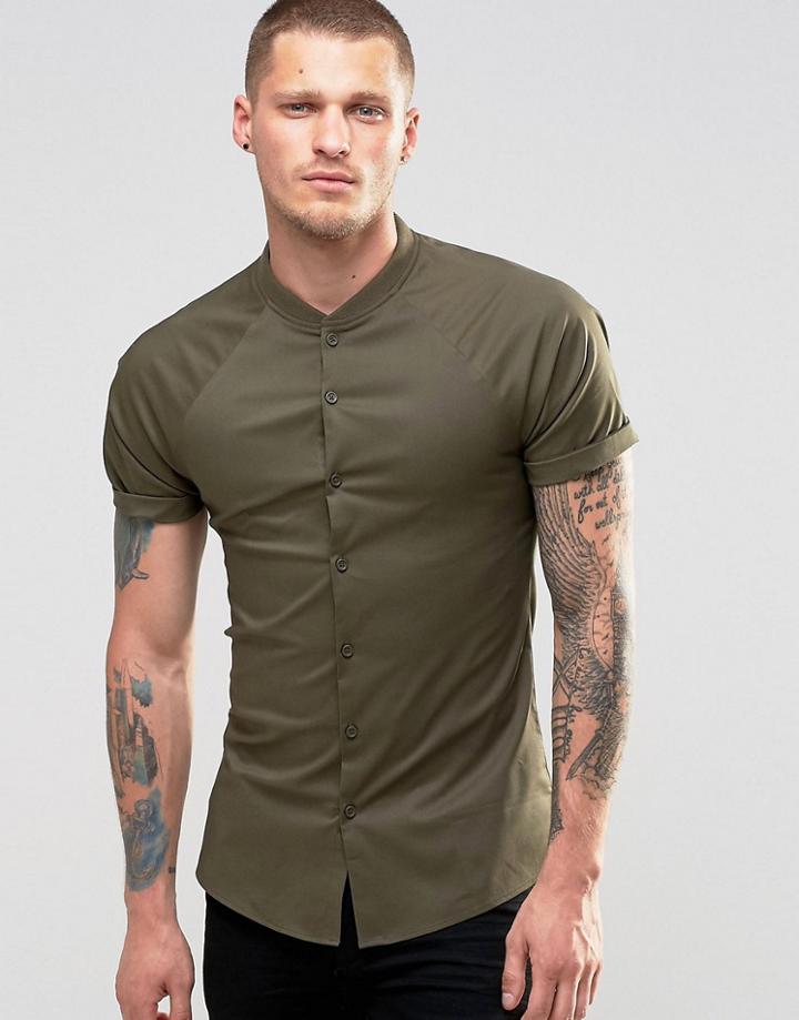 Asos Skinny Shirt With Raglan Sleeves In Khaki - Khaki