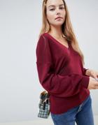 Asos Design Eco V Neck Sweater With Balloon Sleeve - Red