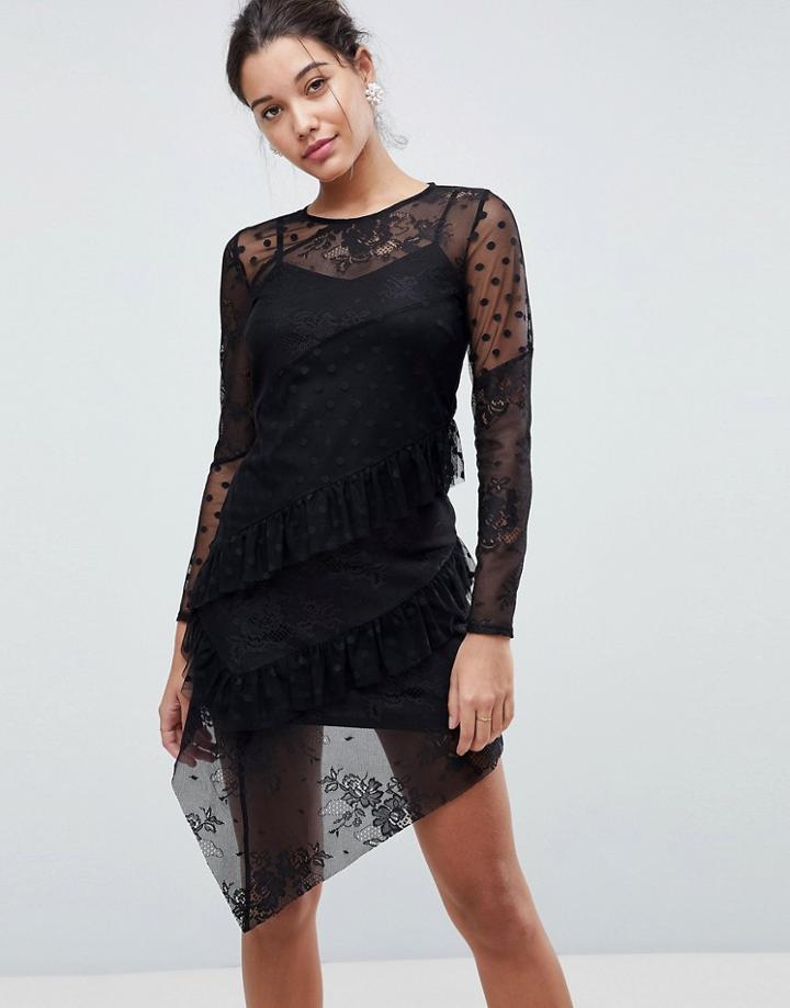 Asos Dobby Mesh And Lace Mix Dress With Frill Skirt - Black