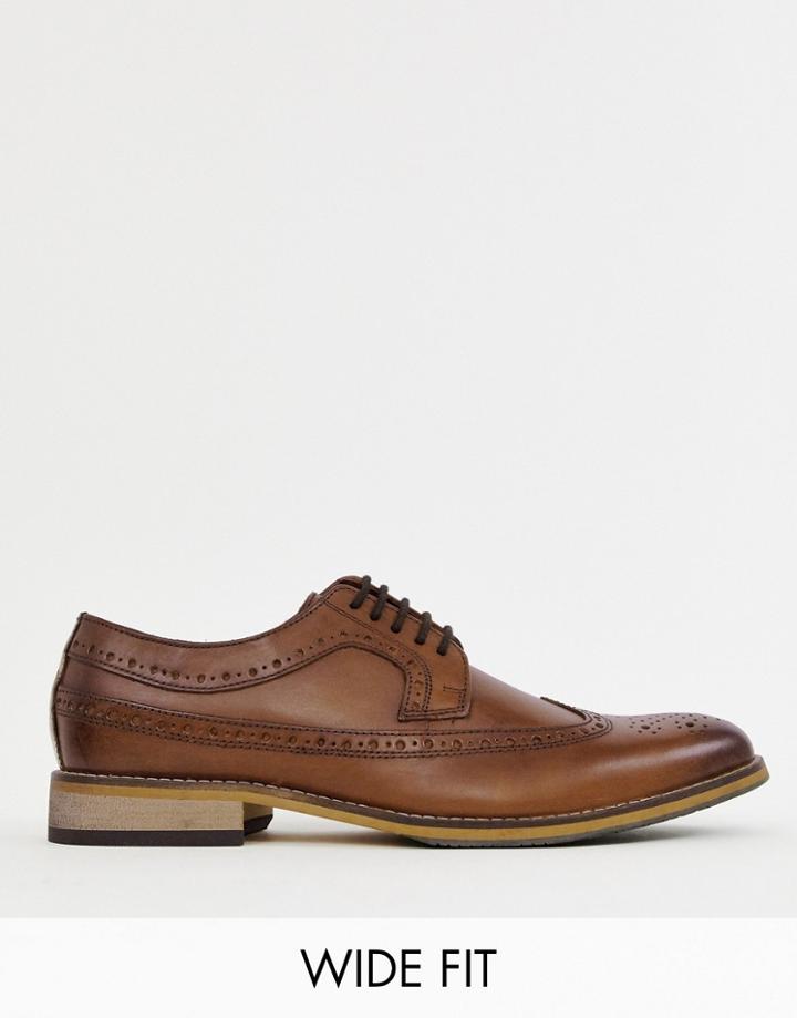 Asos Design Wide Fit Brogue Shoes In Polished Tan Leather