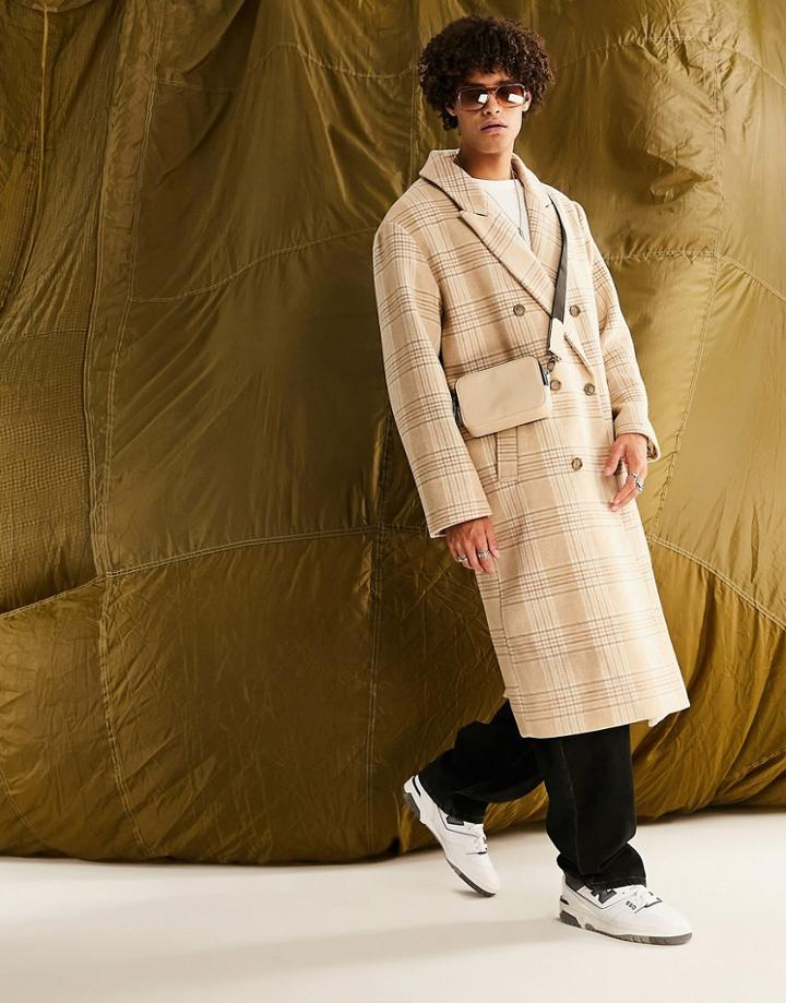 Asos Design Oversized Longline Overcoat In Ecru Check-neutral