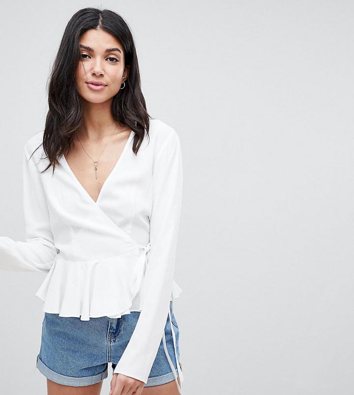 Asos Design Tall Wrap Top With Pephem - White