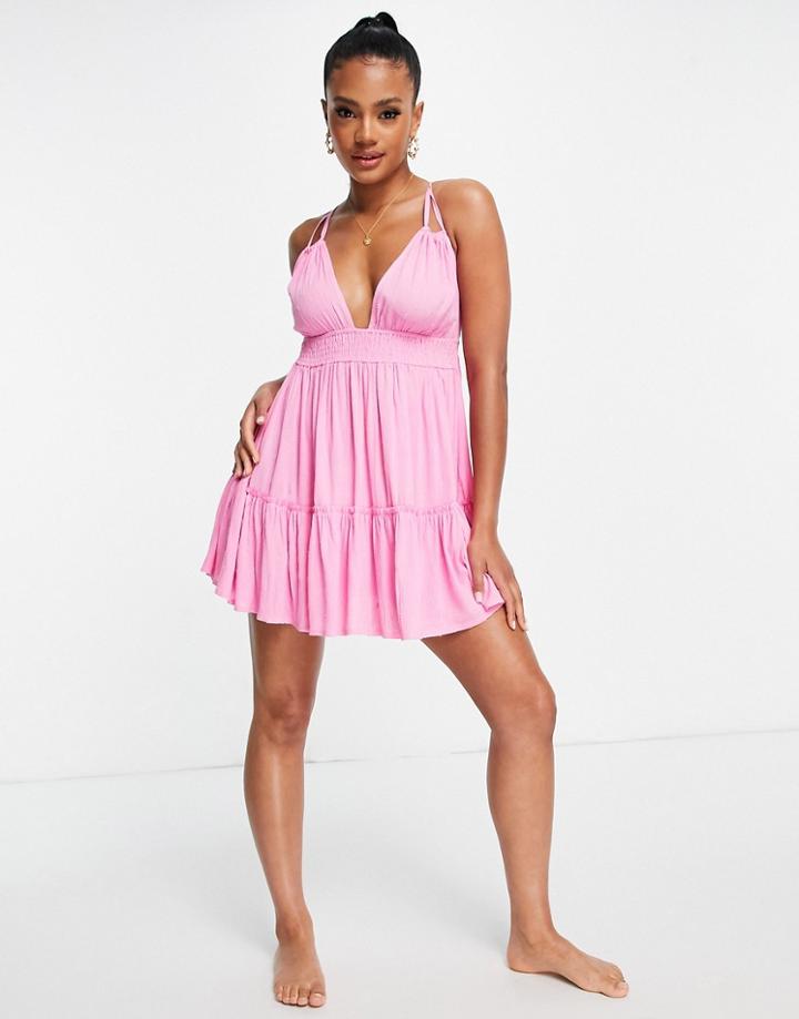 Asos Design Tiered Skinny Textured Tie Beach Mini Dress In Pink