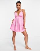 Asos Design Tiered Skinny Textured Tie Beach Mini Dress In Pink
